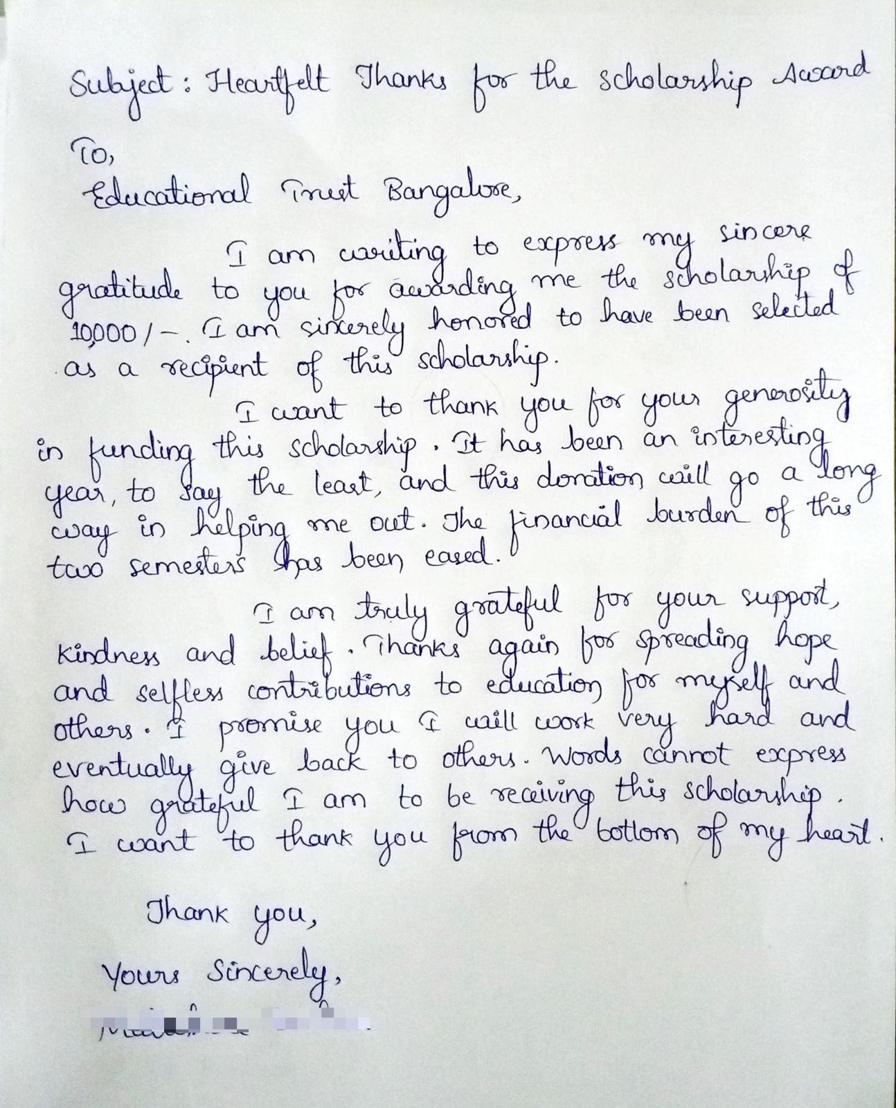 Student Appreciation Letter